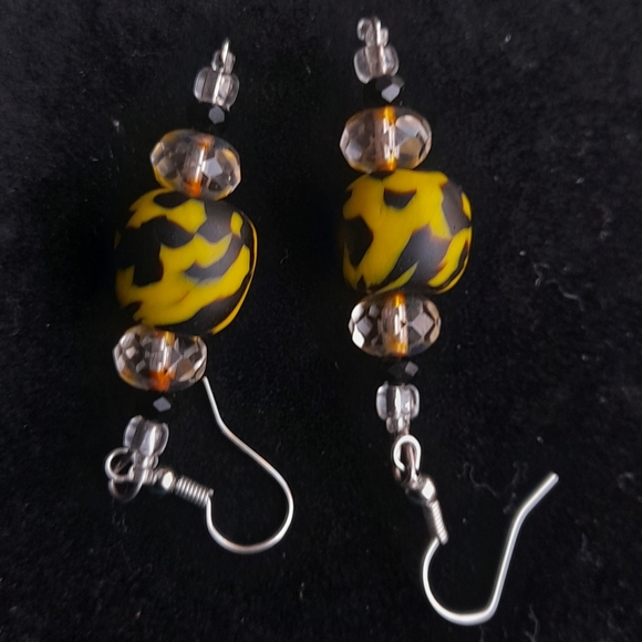Bumblebee yellow and black fused recycled African bead hook earrings - Picture 3 of 3